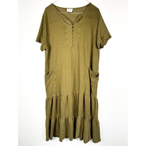 Wrap Women's Linen Tiered Midi Shift Dress Olive Green Size 14